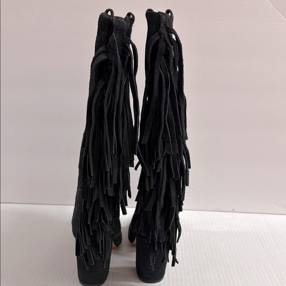 Black Suede Fringe Knee-High Boots - Picture 3 of 7